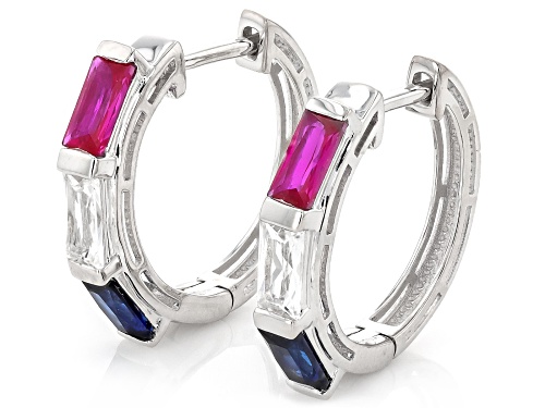 Pre-Owned 1.57ctw Lab Blue & Lab White Sapphire With 0.68ctw Lab Ruby Rhodium Over Silver Hoop Earri