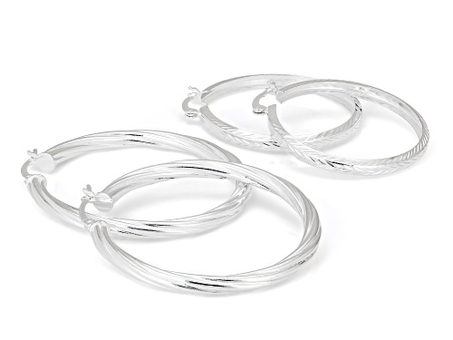 Pre-Owned Sterling Silver Over Brass 4mm Polished And Textured Set Of 2 Hoops