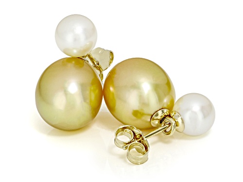 Pre-Owned 6-10mm Golden Cultured South Sea & Cultured Japanese Akoya Pearl 14k Yellow Gold Earrings