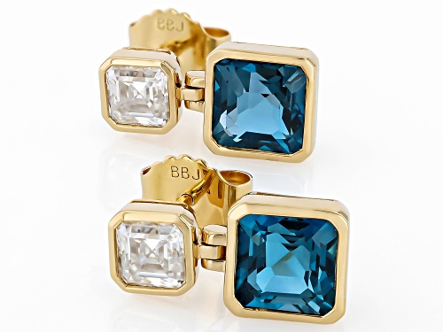 Pre-Owned 3.81ctw London Blue Topaz With 0.88ctw Moissanite 18K Yellow Gold Over Sterling Silver Ear