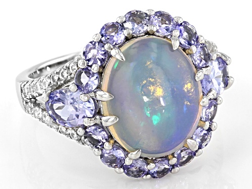 Pre-Owned 12x10mm Opal, 1.50ctw Tanzanite, 0.10ctw White Zircon Rhodium Over Sterling Silver Ring - Size 10