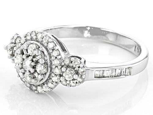 Pre-Owned 0.64ctw Round And Baguette White Diamond Rhodium Over Sterling Silver Cluster Ring - Size 6