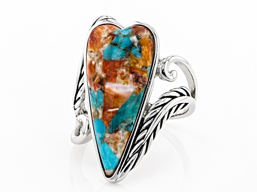 Pre-Owned Southwest Style By JTV™ Heart Shaped Turquoise and Spiny Oyster Shell Rhodium Over Silver - Size 11
