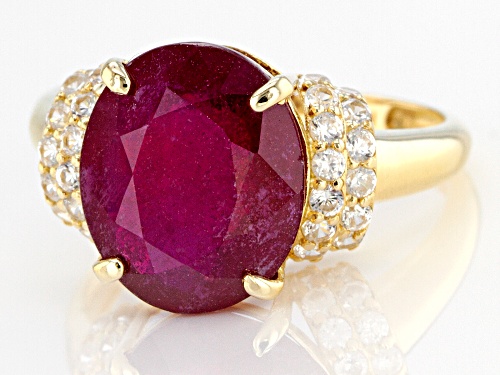 Pre-Owned 6.30ct Oval Mahaleo® Ruby Solitaire With .69ctw Round White Zircon 10k Yellow Gold Ring - Size 6