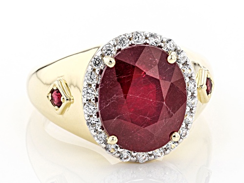Pre-Owned 5.65ct Oval Mahaleo® Ruby With .37ctw Zircon And .07ctw Red Spinel 10k Yellow Gold Ring - Size 7