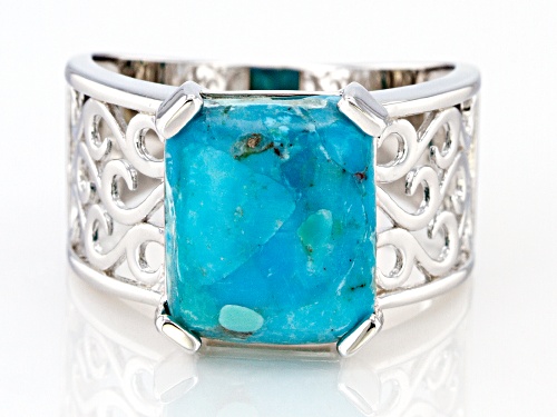 Pre-Owned 12x10mm Rectangular Octagonal Turquoise Cabochon Rhodium Over Sterling Silver Ring - Size 9
