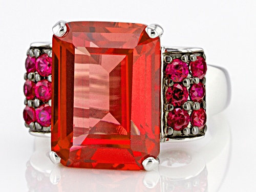 Pre-Owned 12.90ct Lab Created Padparadscha Sapphire with .52ctw Lab Created Ruby Rhodium Over Silver - Size 7