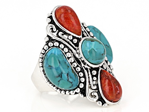 Pre-Owned Southwest Style By JTV™ Turquoise and Coral Rhodium Over Sterling Silver 5-Stone Ring - Size 7