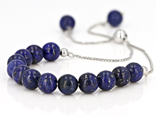 Pre-Owned 6mm Round Lapis Lazuli Beads, Rhodium Over Sterling Silver Bolo Bracelet Adjusts Approxima - Size 8