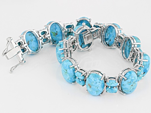 Pre-Owned 14x10mm & 6x4mm Oval Cabochon Turquoise Rhodium Over Sterling Silver Bracelet - Size 8