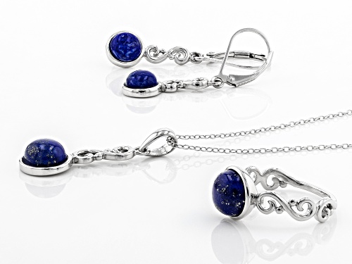 Pre-Owned 8mm and 6mm Round Lapis Lazuli Rhodium Over Sterling Silver Ring, Earrings & Pendant with