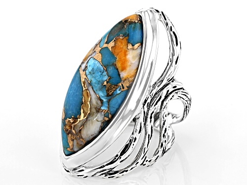 Pre-Owned Southwest Style By JTV™ Blended Turquoise And Spiny Oyster Shell Rhodium Over Silver Ring - Size 7