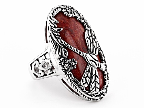 Pre-Owned Pacific Style™ 26x12mm Oval Coral Rhodium Over Sterling Silver Dragonfly Ring - Size 9