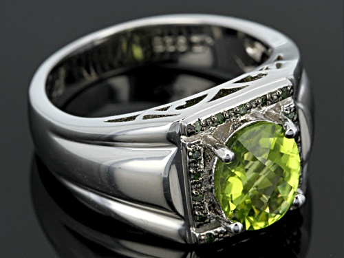 Pre-Owned 2.28ctw Oval Manchurian Peridot™ With .08ctw Round Green Diamond Accent Men's Silver Ring - Size 12