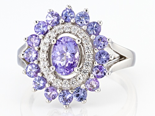 Pre-Owned .68ct Oval & 1.23ctw Round Tanzanite With .23ctw Zircon Rhodium Over Silver Halo Ring - Size 6