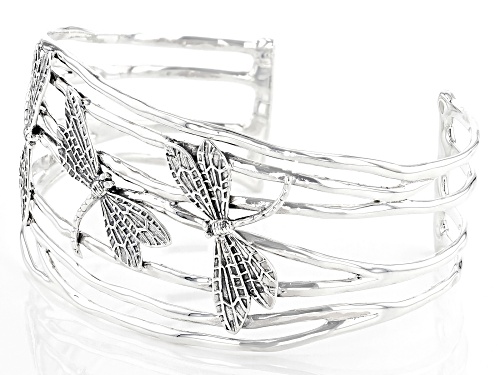 Pre-Owned Pacific Style™ Dragonfly Rhodium Over Sterling Silver Cuff Bracelet - Size 7.5