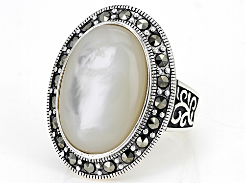 Pre-Owned 20X13.5mm Oval Mother-of-Pearl and Round Marcasite Rhodium Over Sterling Silver Ring - Size 6