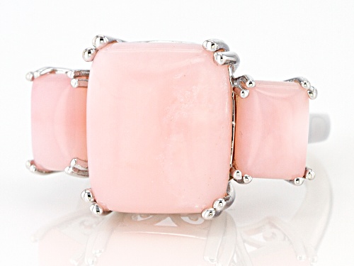 Pre-Owned 14x12mm and 8x6mm Rectangular Cushion Pink Opal Rhodium Over Sterling Silver 3-Stone Ring - Size 9