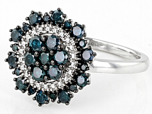 Pre-Owned 0.80ctw Round Blue Diamond Rhodium Over Sterling Silver Cluster Ring - Size 7