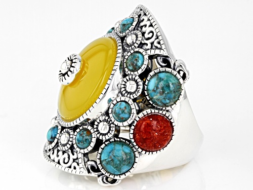 Pre-Owned Global Destinations™ Yellow Onyx, Red Sponge Coral and Turquoise Sterling Silver Ring - Size 8