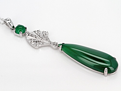 Pre-Owned 30x10mm Pear Shape & 5mm Round Green Onyx With .43ctw Zircon Sterling Silver Pendant With