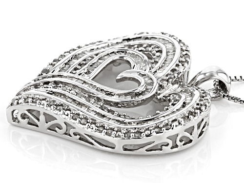 Pre-Owned 1.00ctw Round And Baguette White Diamond Rhodium Over Sterling Silver Heart Pendant With B