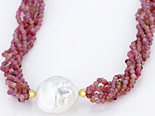 Pre-Owned Genusis™ Cultured Freshwater Pearl & Ruby 18k Yellow Gold Over Sterling Silver Necklace - Size 18