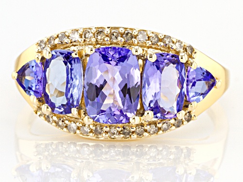 Pre-Owned 1.59ctw Tanzanite With .18ctw Round Champagne Diamond 10k Yellow Gold 5-Stone Band Ring - Size 10