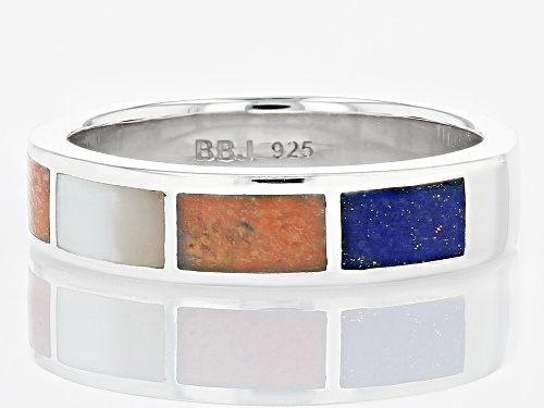 Pre-Owned 4x3mm Lapis Lazuli With Red Coral And White Mother-Of-Pearl Rhodium Over Silver Band Ring - Size 7
