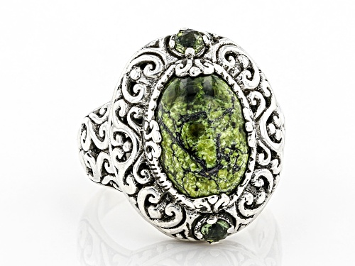 Pre-Owned Artisan Collection Of Bali™ 14x10mm Oval Serpentine And .18ctw Moldavite Silver Ring - Size 8