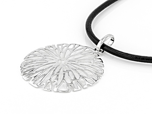 Pre-Owned Pacific Style™  Rhodium Over Silver Flower Design Pendant With Imitation Leather Cord Neck - Size 18