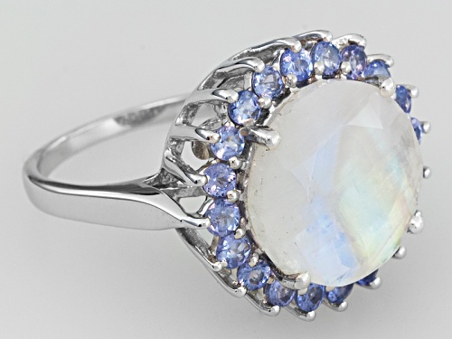 Pre-Owned 12mm Round Rainbow Moonstone With .51ctw Round Tanzanite Sterling Silver Ring - Size 9