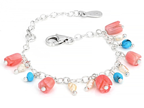 Pre-Owned  Turquoise, Coral & Cultured Freshwater pearl Silver Bracelet - Size 4
