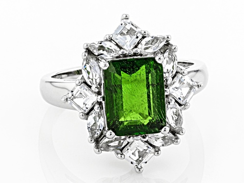Pre-Owned 1.87ct Emerald Cut Chrome Diopside With 1.29ctw White Topaz Rhodium Over Silver Halo Ring - Size 9