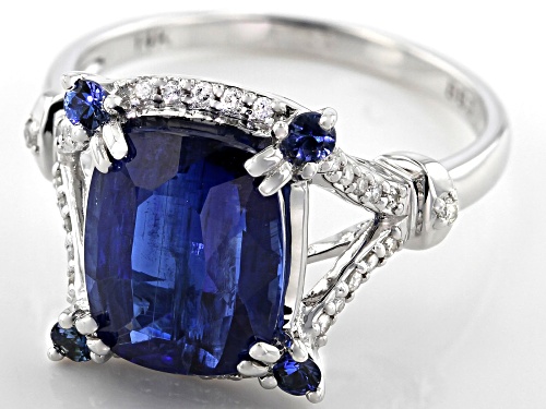 Pre-Owned 3.95ct Blue Kyanite, .15ctw Blue Sapphire & .15ctw White Diamonds Rhodium Over 14k White G - Size 8