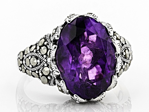 Pre-Owned 4.89CT OVAL AFRICAN AMETHYST WITH MARCARSITE RHODIUM OVER STERLING SILVER RING - Size 10