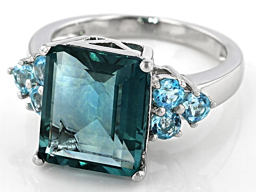 Pre-Owned 6.18CT EMERALD CUT TEAL FLUORITE & .62CTW BLUE APATITE RHODIUM OVER STERLING SILVER RING - Size 7