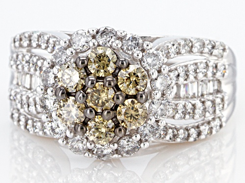 Pre-Owned 1.60ctw Round & Baguette Champagne & White Diamond 10K White Gold Cluster Ring - Size 7