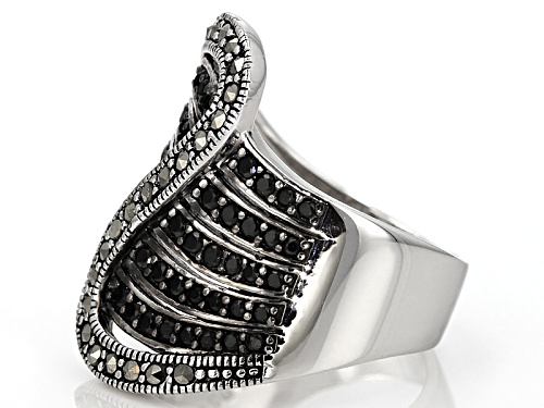 Pre-Owned .63ctw Round Black Spinel And 1.5mm Round Marcasite Sterling Silver Crossover Ring - Size 6