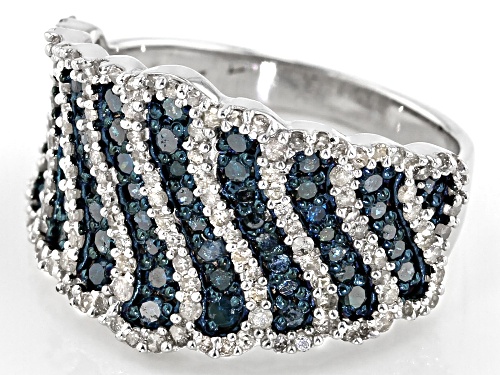 Pre-Owned 1.16ctw Round Blue And White Diamond Rhodium Over Sterling Silver Wide Band Ring - Size 6