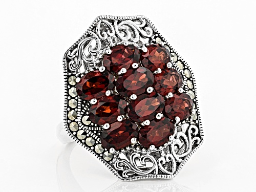 Pre-Owned 4.76CTW OVAL VERMELHO GARNET(TM) WITH MARCASITE RHODIUM OVER STERLING SILVER RING - Size 8