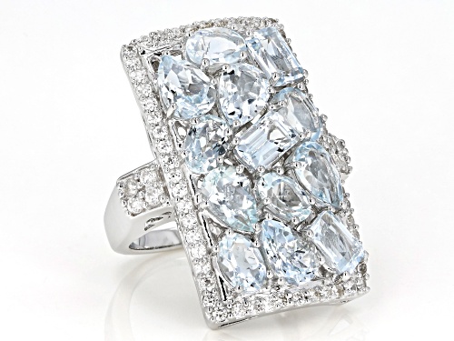 Pre-Owned 5.90ctw Mixed Shape Aquamarine With 1.15ctw Round White Zircon Rhodium Over Sterling Silve - Size 9