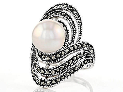 Pre-Owned 10mm White Cultured Freshwater Pearl & Marcasite 0.5ctw Rhodium Over Sterling Silver Ring - Size 7