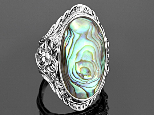 Pre-Owned Pacific Style™ 14x25mm Oval Abalone Shell Sterling Silver Solitaire Filigree Ring - Size 4