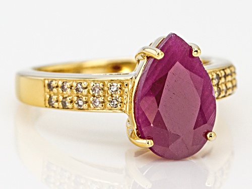 Pre-Owned 3.40ct Pear Shape India Ruby with .09ctw Champagne Diamond Accent 18k Gold Over Silver Rin - Size 8