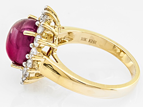 Pre-Owned 3.25ct Oval Cabochon Mahaleo® Ruby And .98ctw Round White Zircon 10k Yellow Gold Ring - Size 9