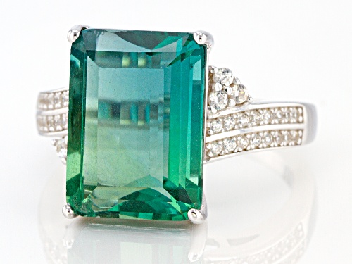 Pre-Owned 8.20ct Emerald Cut Teal Fluorite with .28ctw Round White Zircon Rhodium Over Silver Bypass - Size 8
