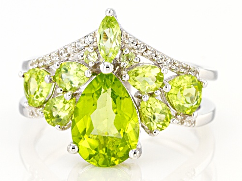Pre-Owned 3.13ctw Mixed Shape Manchurian Peridot(TM) With .09ctw White Zircon Rhodium Over Silver Ri - Size 8