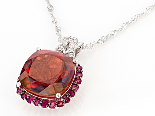 Pre-Owned 5.40ct Labradorite & .50ctw Burmese Ruby & Zircon Rhodium Over Silver Pendant With Chain