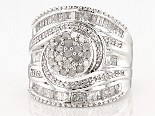 Pre-Owned 1.35ctw Baguette And Round White Diamond Rhodium Over Sterling Silver Cluster Ring - Size 9